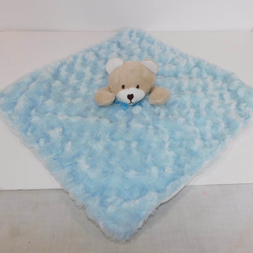 Blankets & Beyond Tan Blue Bear Security Blanket Plush Rosettes Swirl Baby Lovey